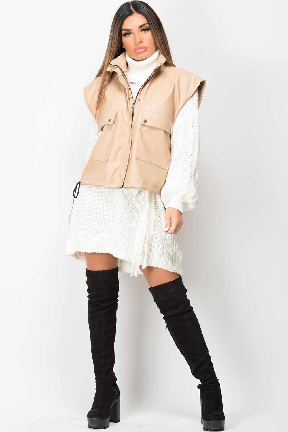 Faux Leather Sleeveless Jacket Beige