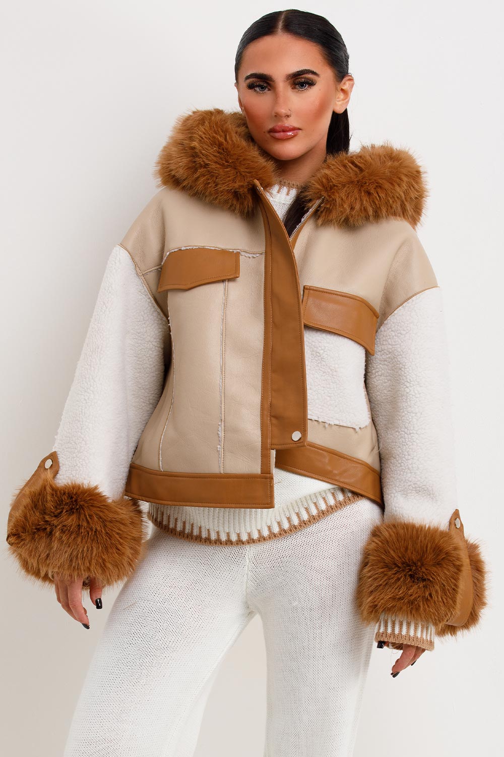 Shearling Faux Leather Jacket With Faux Fur Hood Beige