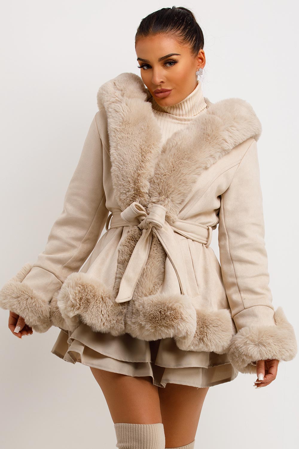 Beige Faux Fur Faux Suede Hooded Belted Coat