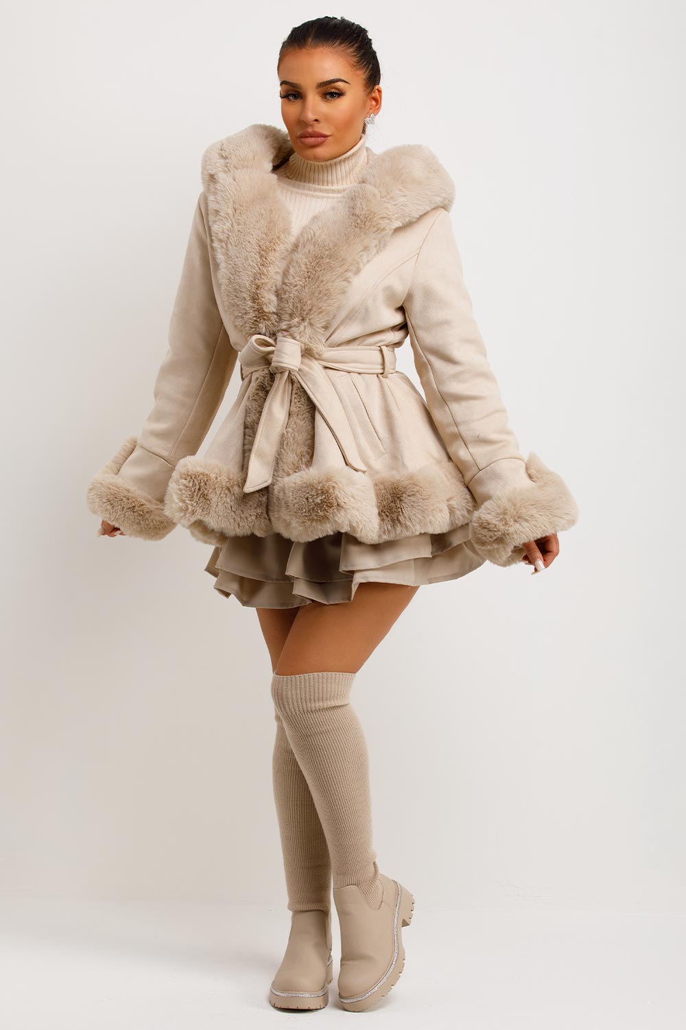 Beige Faux Fur Faux Suede Hooded Belted Coat