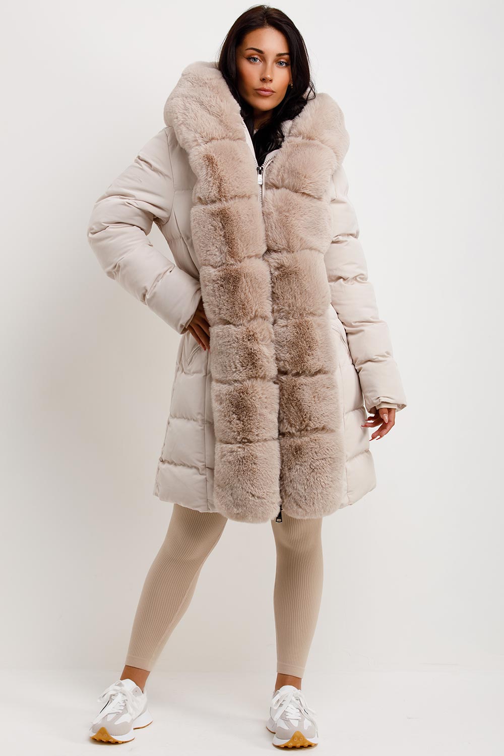 Beige Long Puffer Padded Coat With Faux Fur Hood And Trim