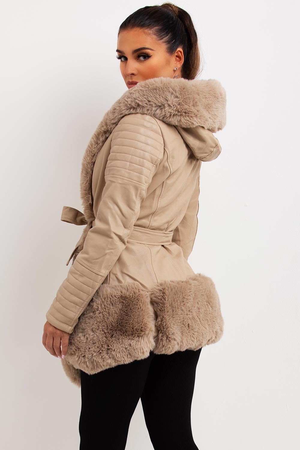 Faux Leather Jacket With Faux Fur Panels Beige