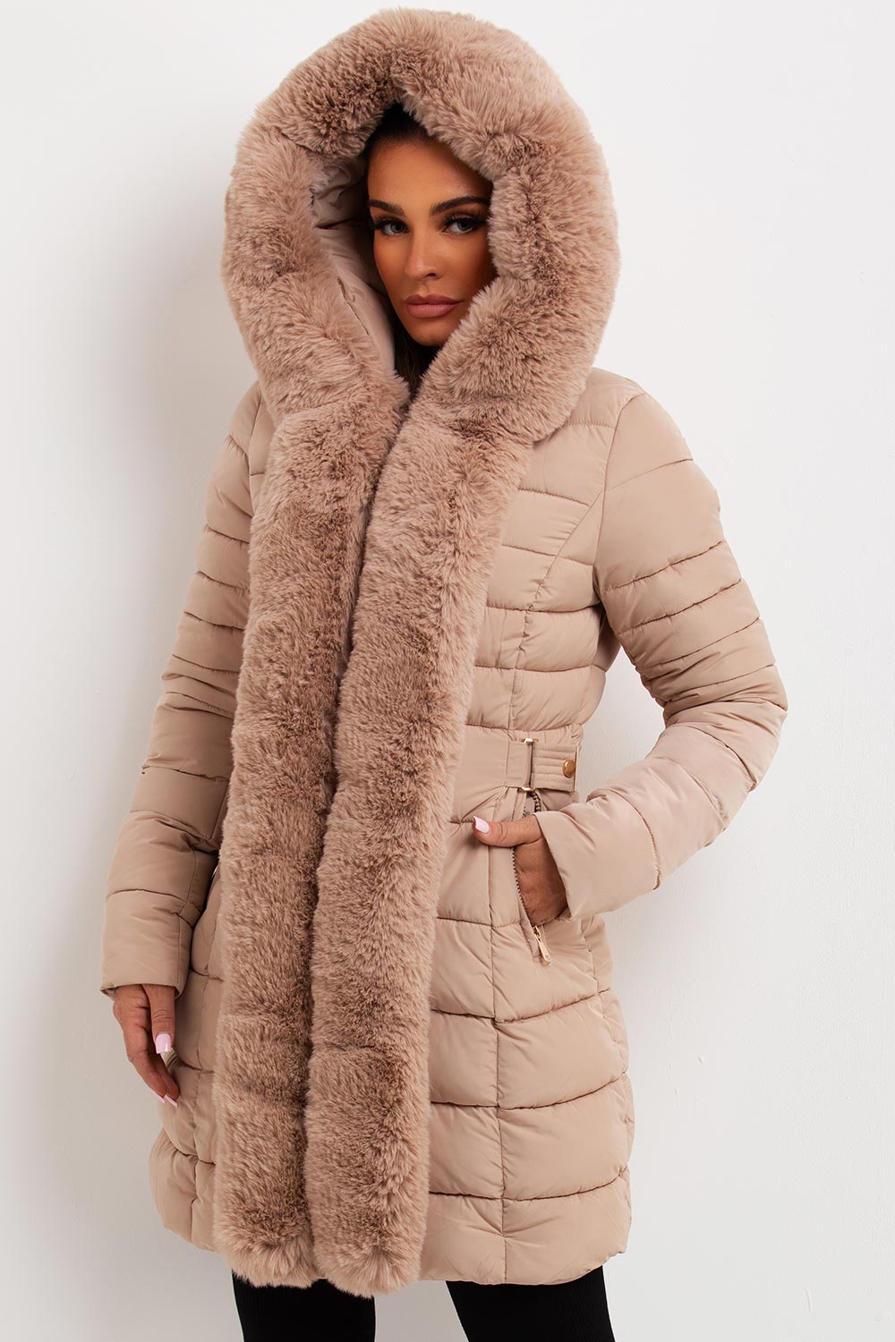 Puffer Padded Coat With Faux Fur Hood Beige