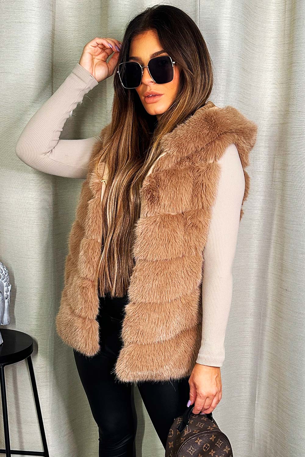 Faux Fur Hooded Gilet Beige