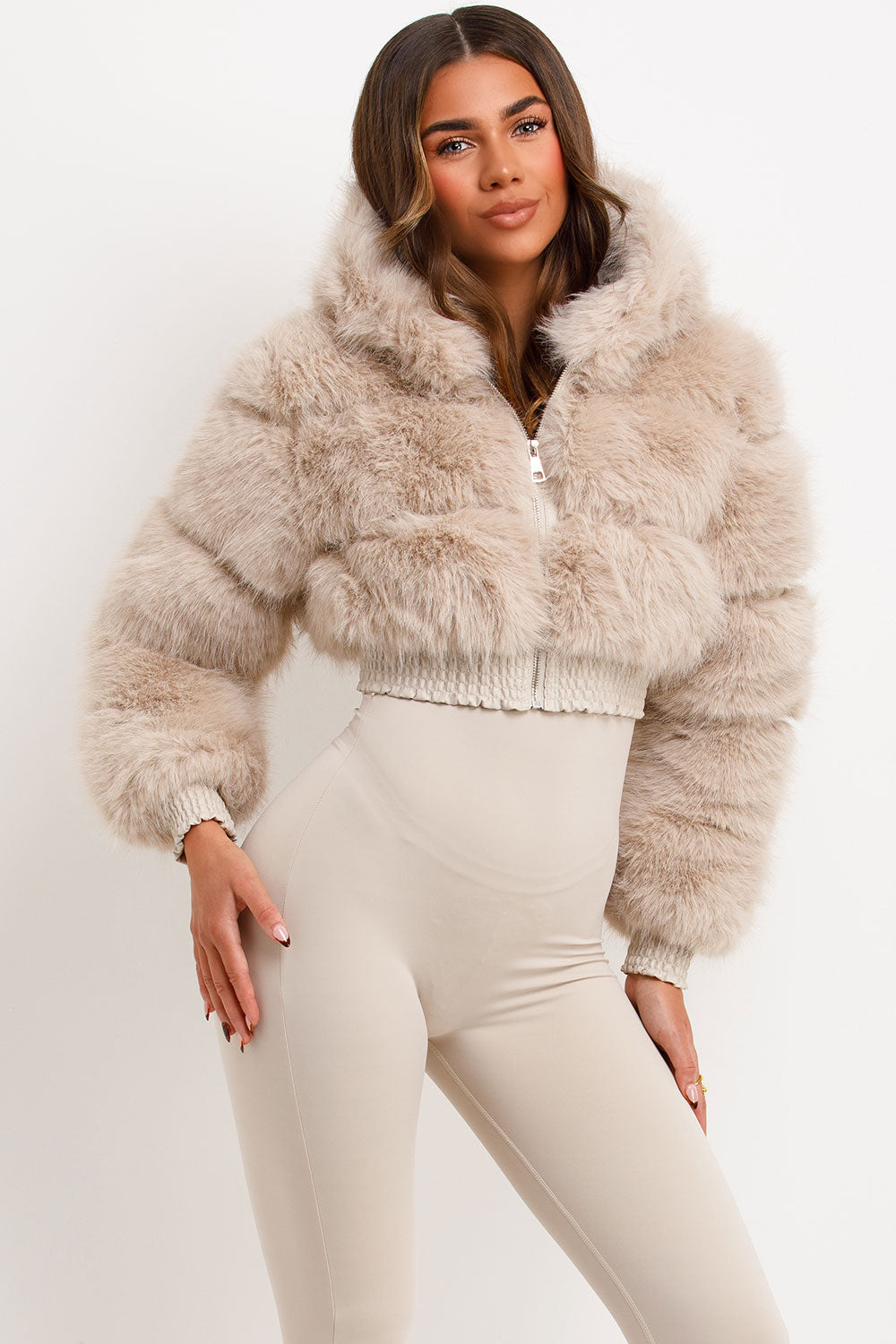 Crop Faux Fur Jacket With Hood Beige