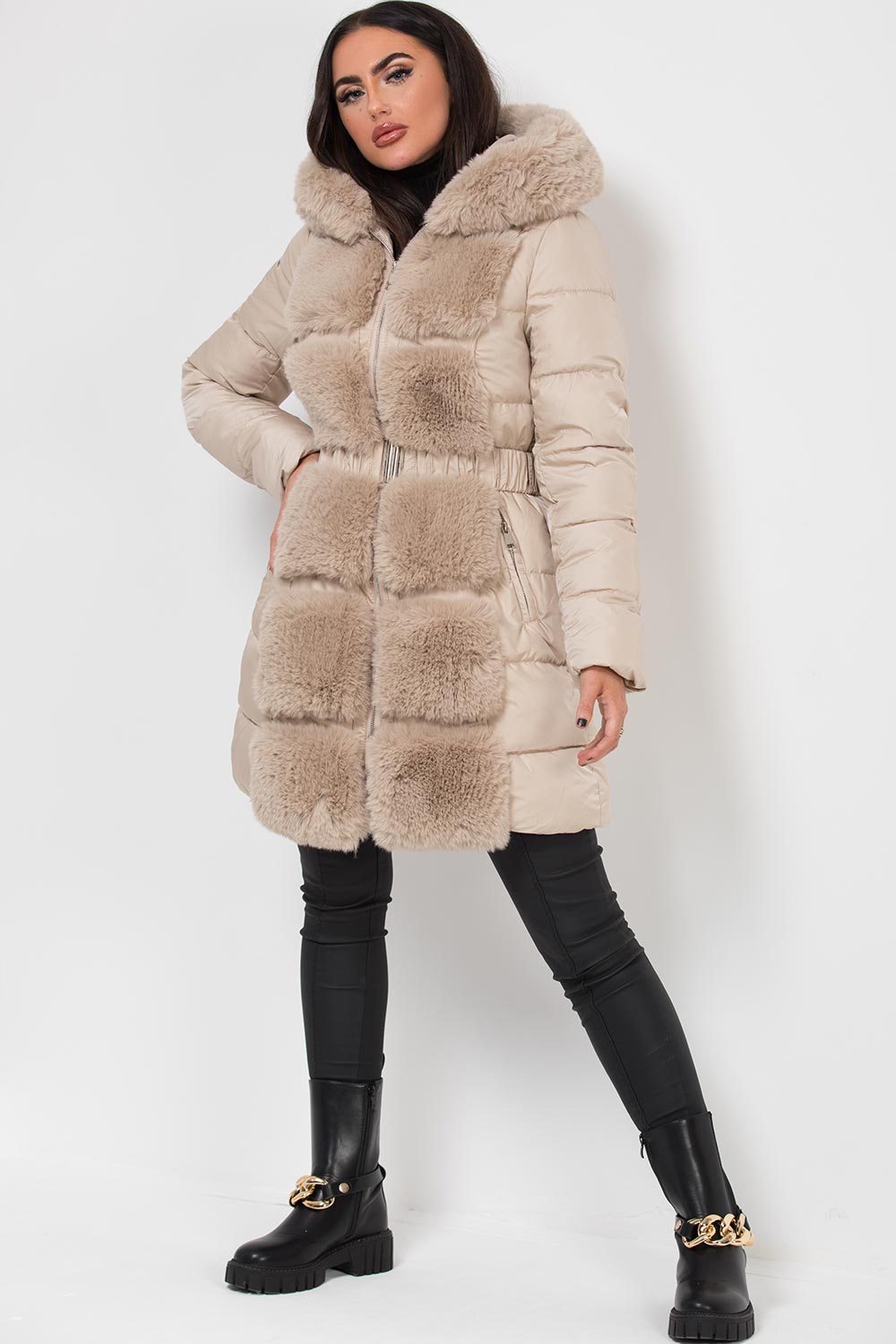 Long Puffer Coat With Faux Fur Hood And Trim Beige