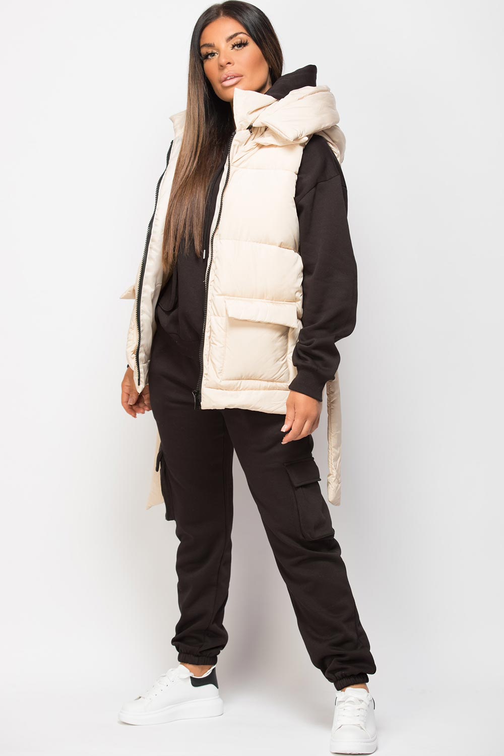 Padded Gilet With Belt And Detachable Hood Beige