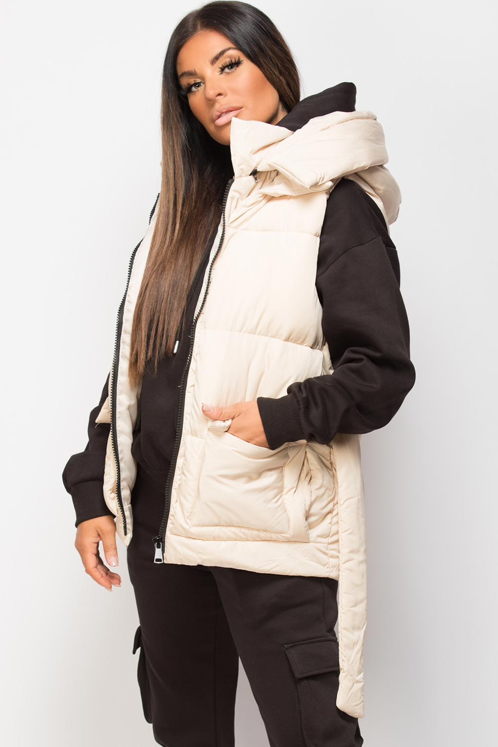 Padded Gilet With Belt And Detachable Hood Beige