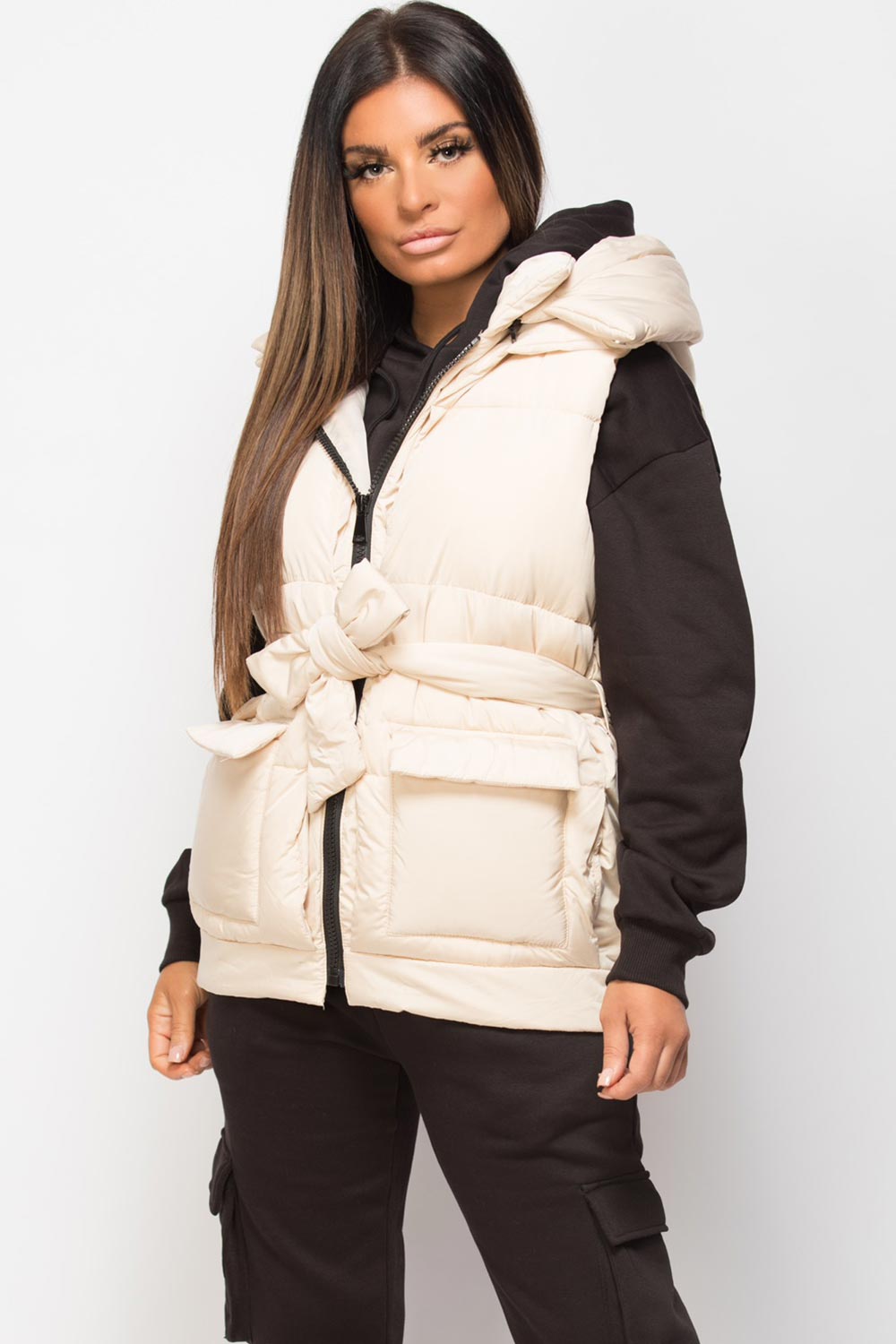 Padded Gilet With Belt And Detachable Hood Beige