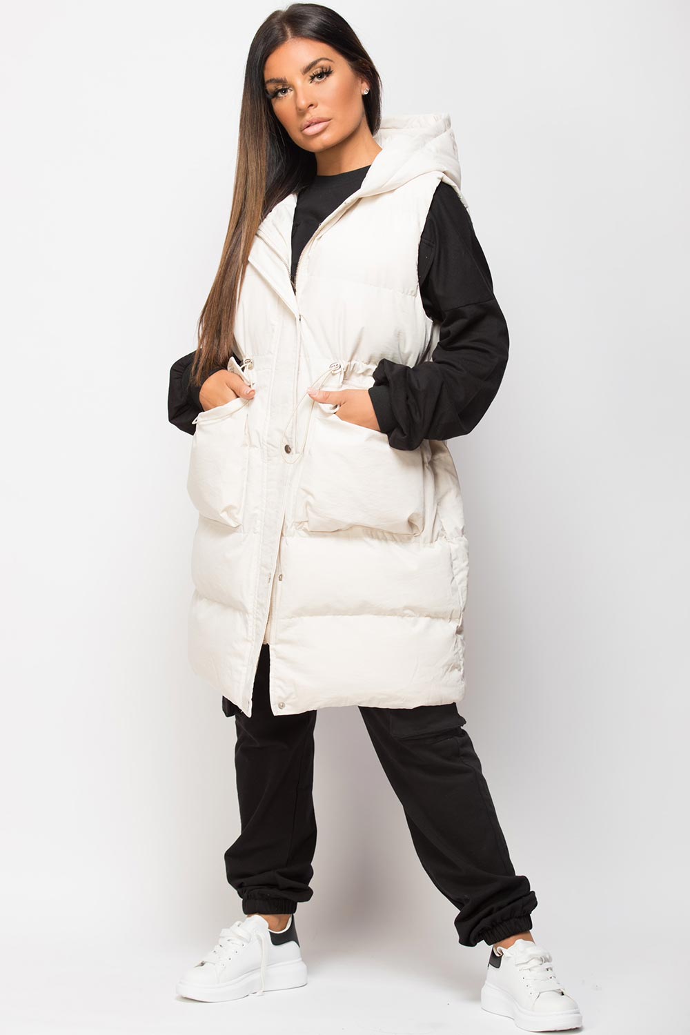 Padded Longline Gilet With Drawstring Waist Beige