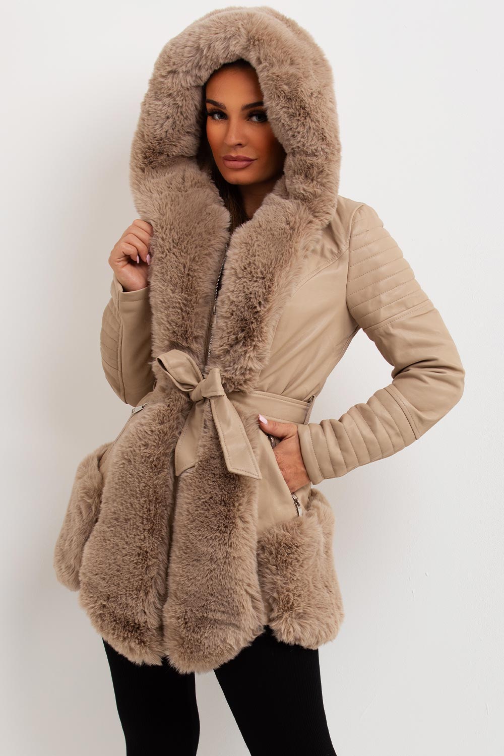 Faux Leather Jacket With Faux Fur Panels Beige