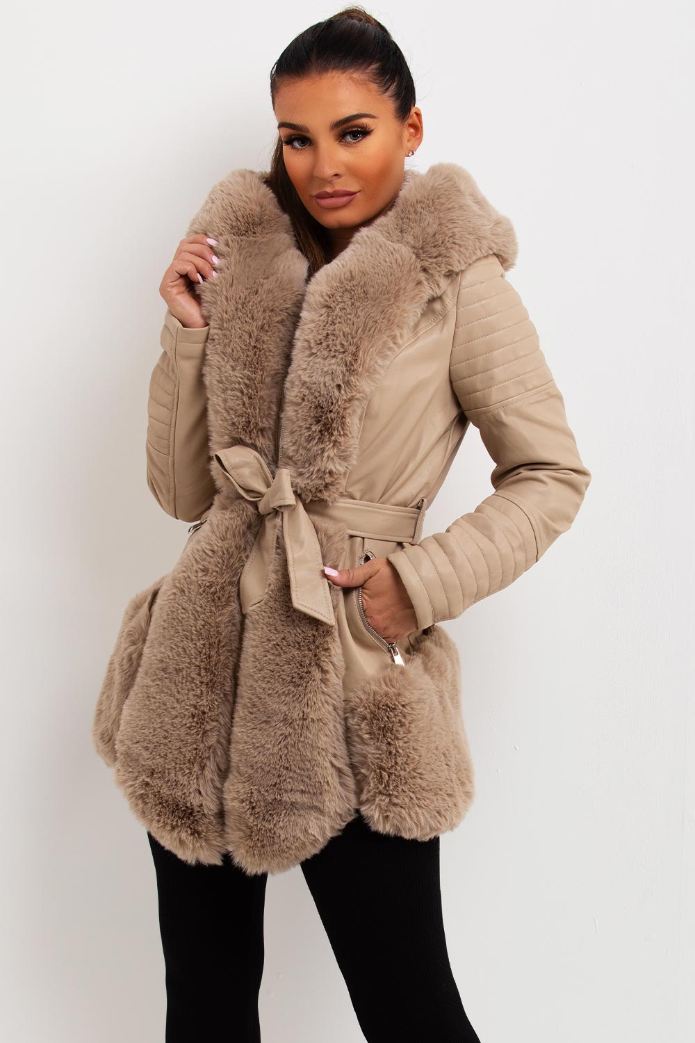 Faux Leather Jacket With Faux Fur Panels Beige