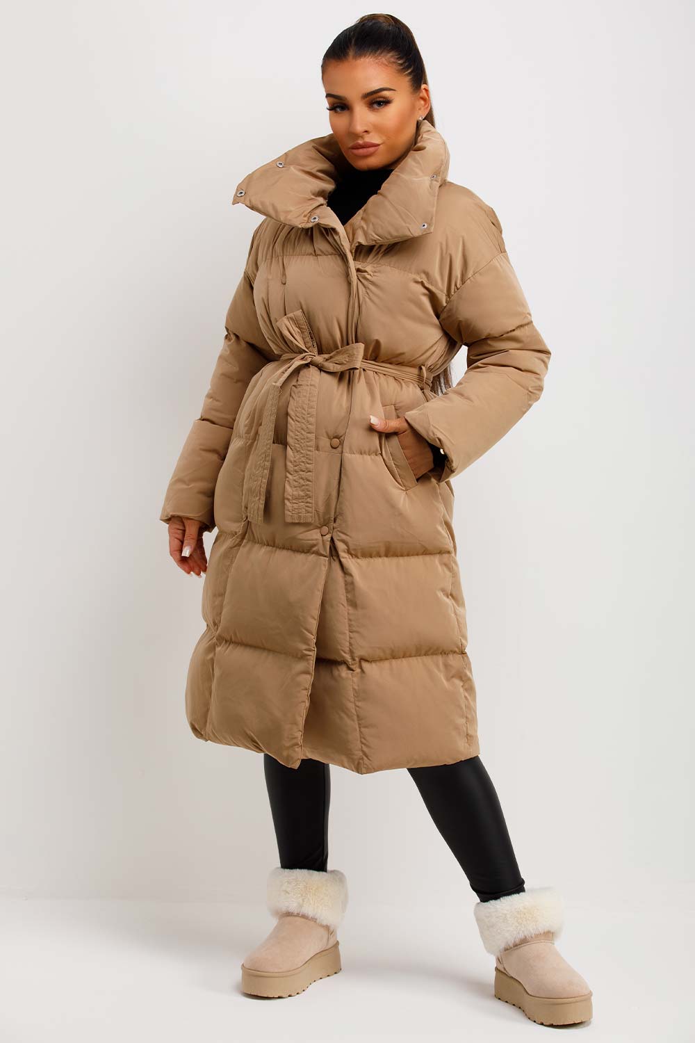 Long Puffer Coat Duvet Style Beige