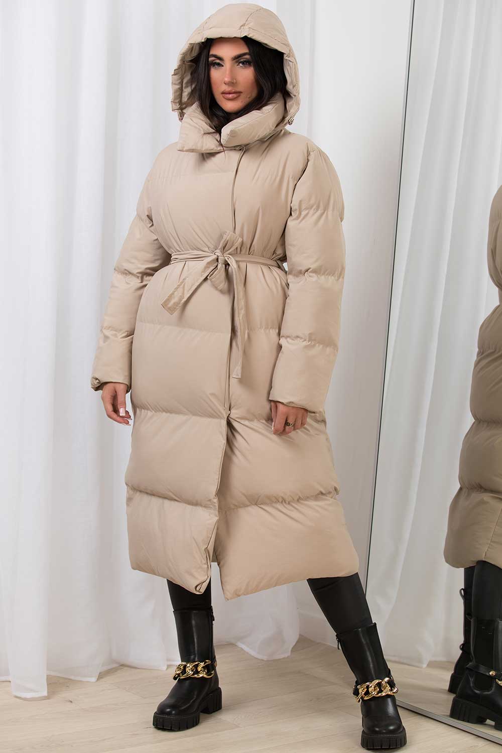 Long Duvet Coat With Hood Beige