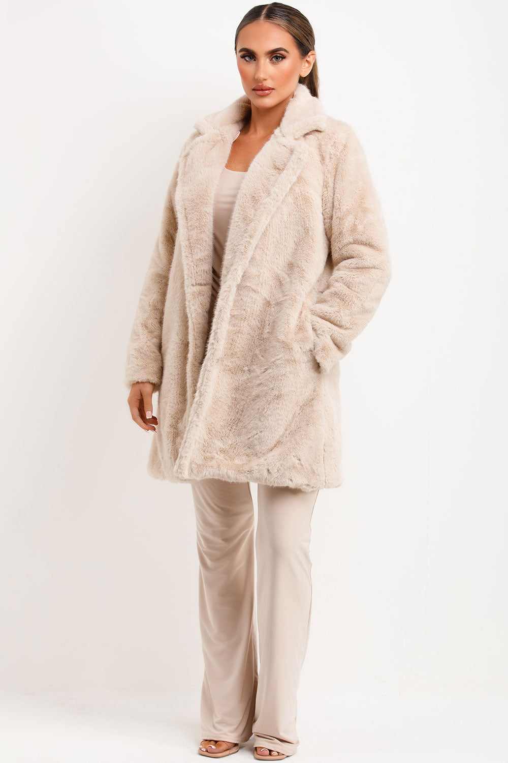 Faux Fur Coat With Lapel Collar Beige