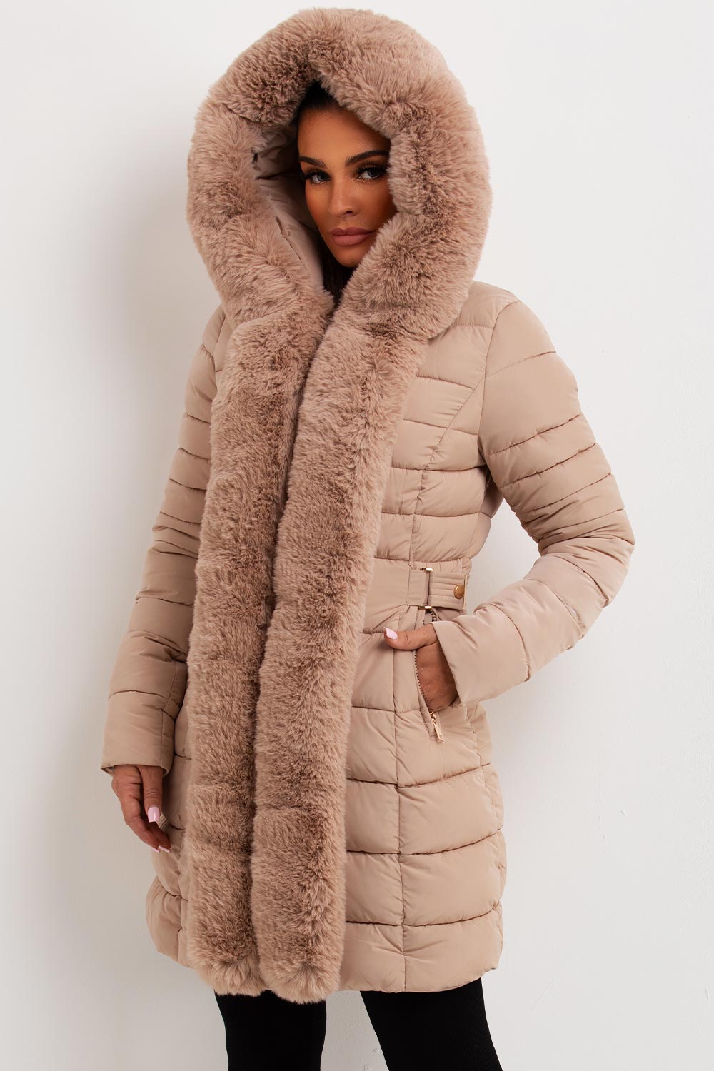 Puffer Padded Coat With Faux Fur Hood Beige