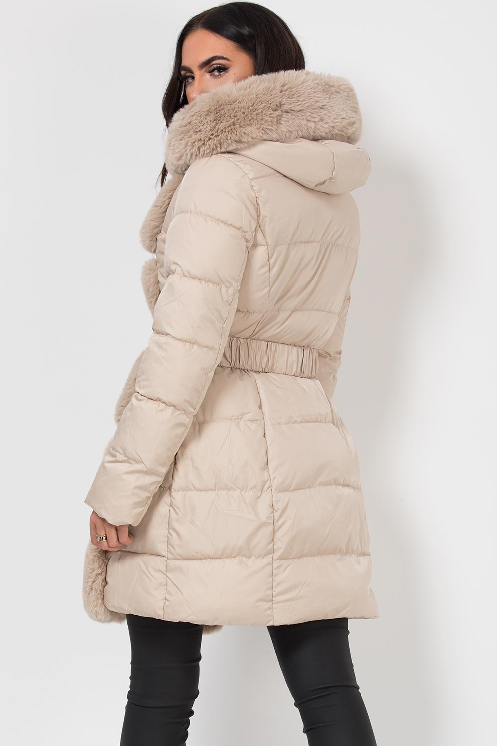 Long Puffer Coat With Faux Fur Hood And Trim Beige