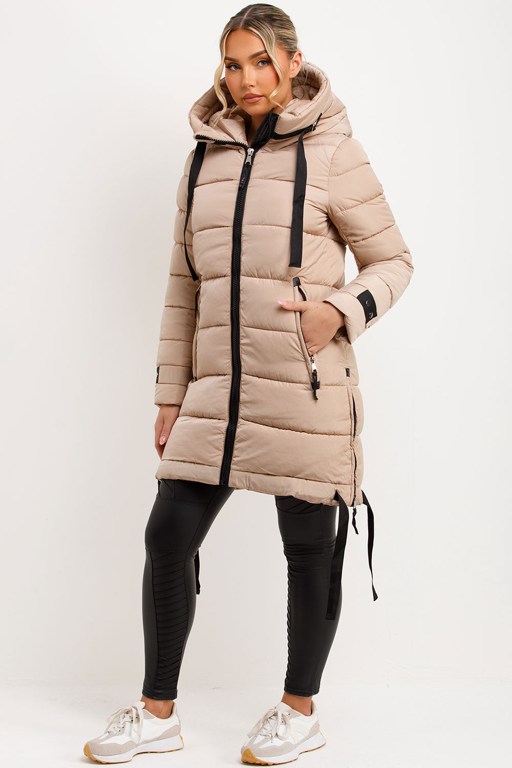 Long Puffer Coat With Hood And Side Straps Beige