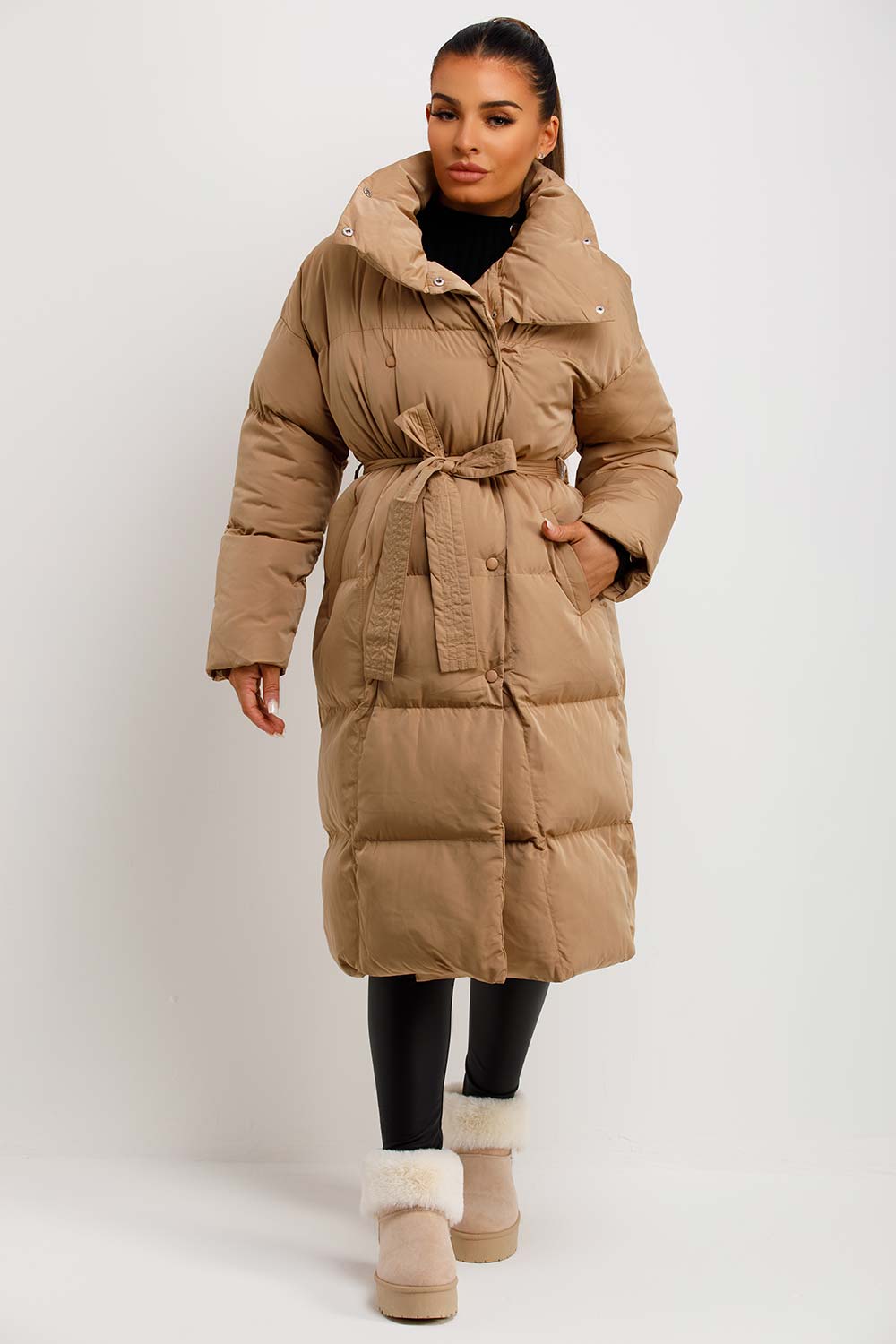 Long Puffer Coat Duvet Style Beige