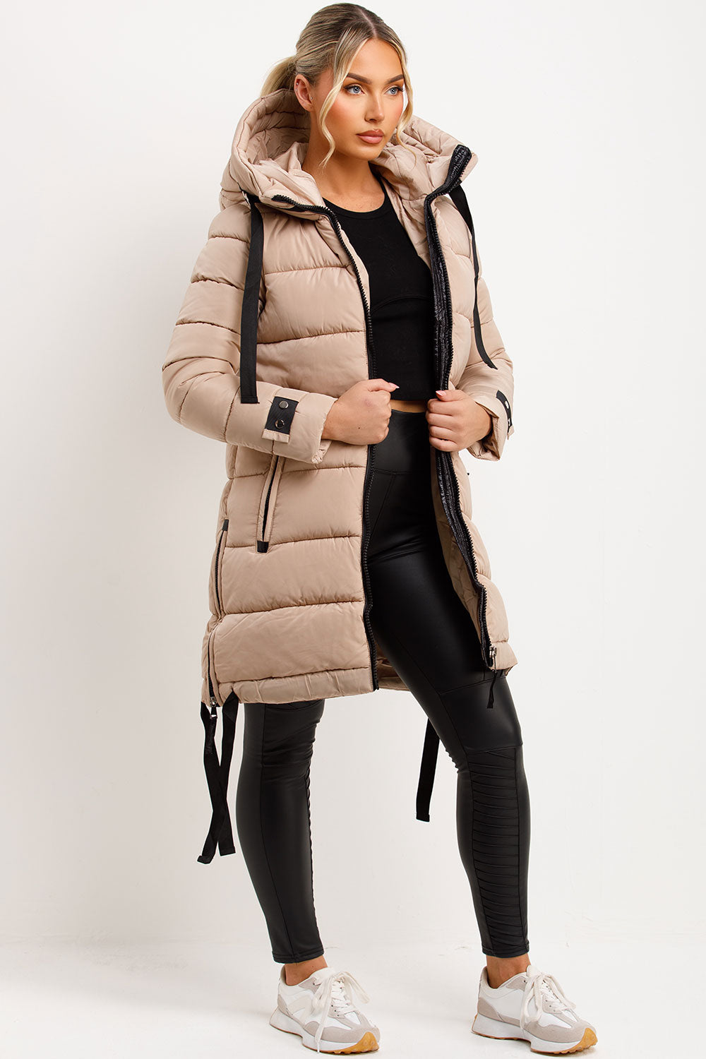 Long Puffer Coat With Hood And Side Straps Beige