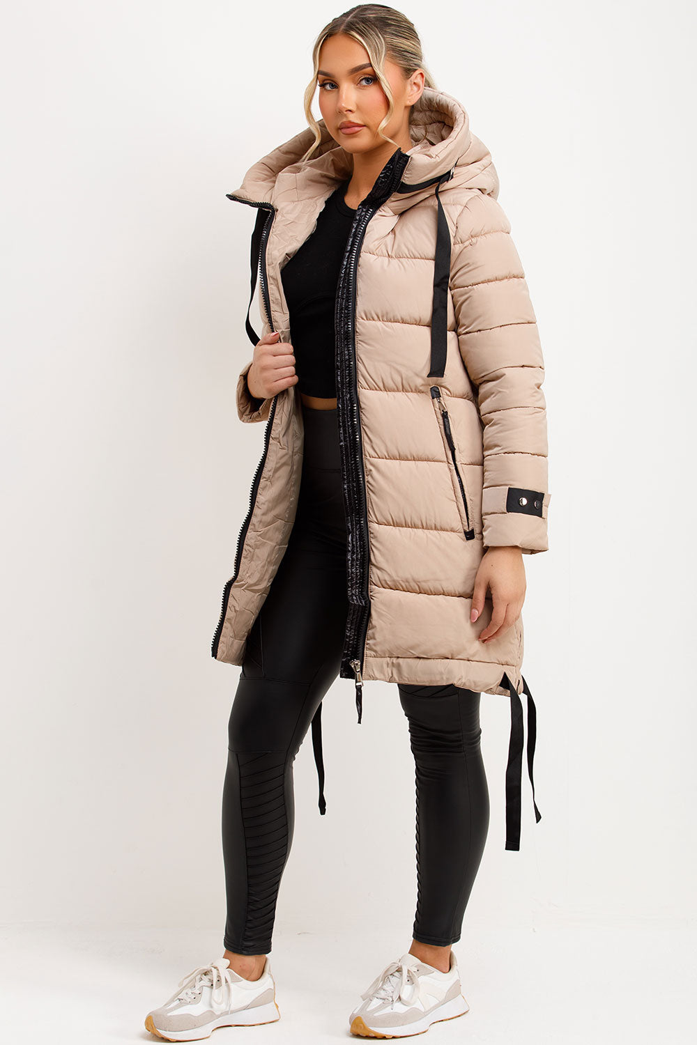 Long Puffer Coat With Hood And Side Straps Beige