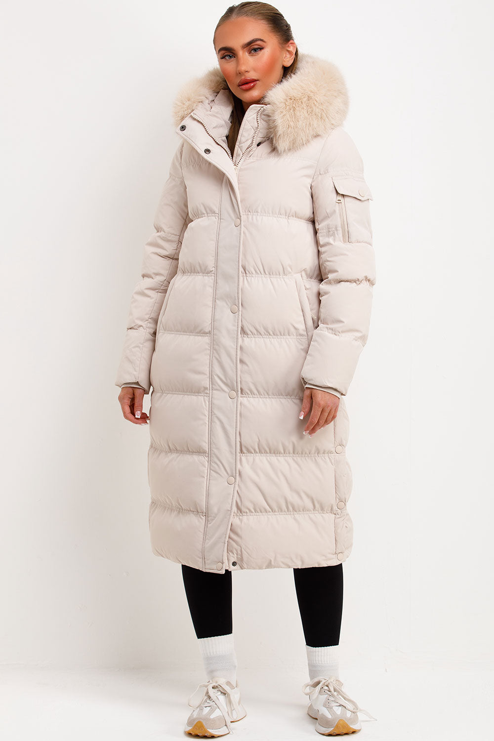 Long Puffer Coat With Fur Hood Beige