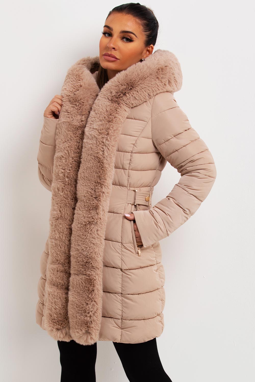 Puffer Padded Coat With Faux Fur Hood Beige