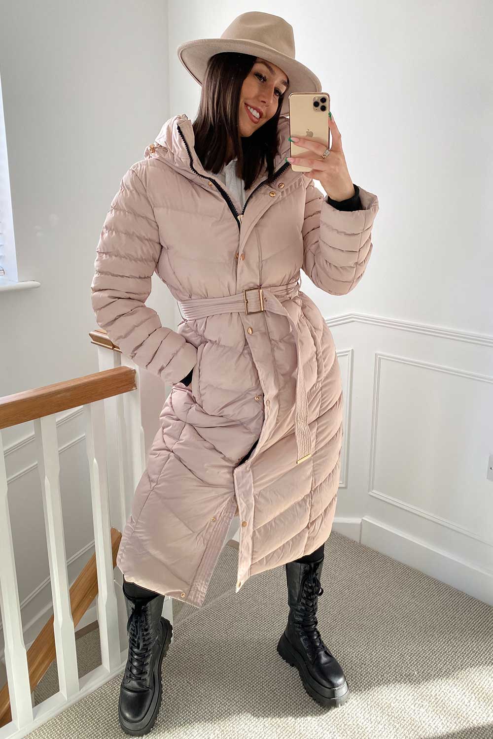 Long Puffer Down Coat With Belt Beige