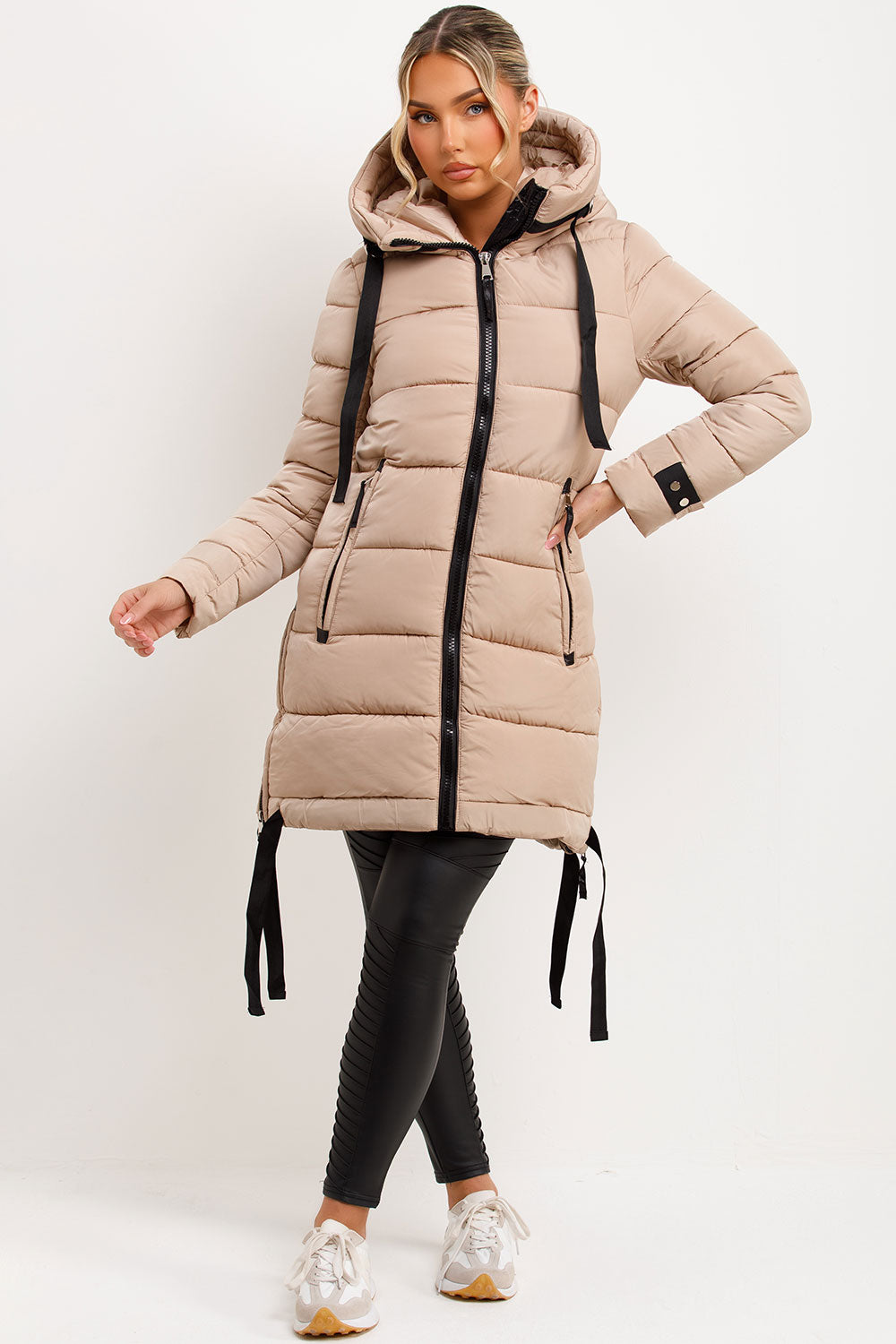 Long Puffer Coat With Hood And Side Straps Beige