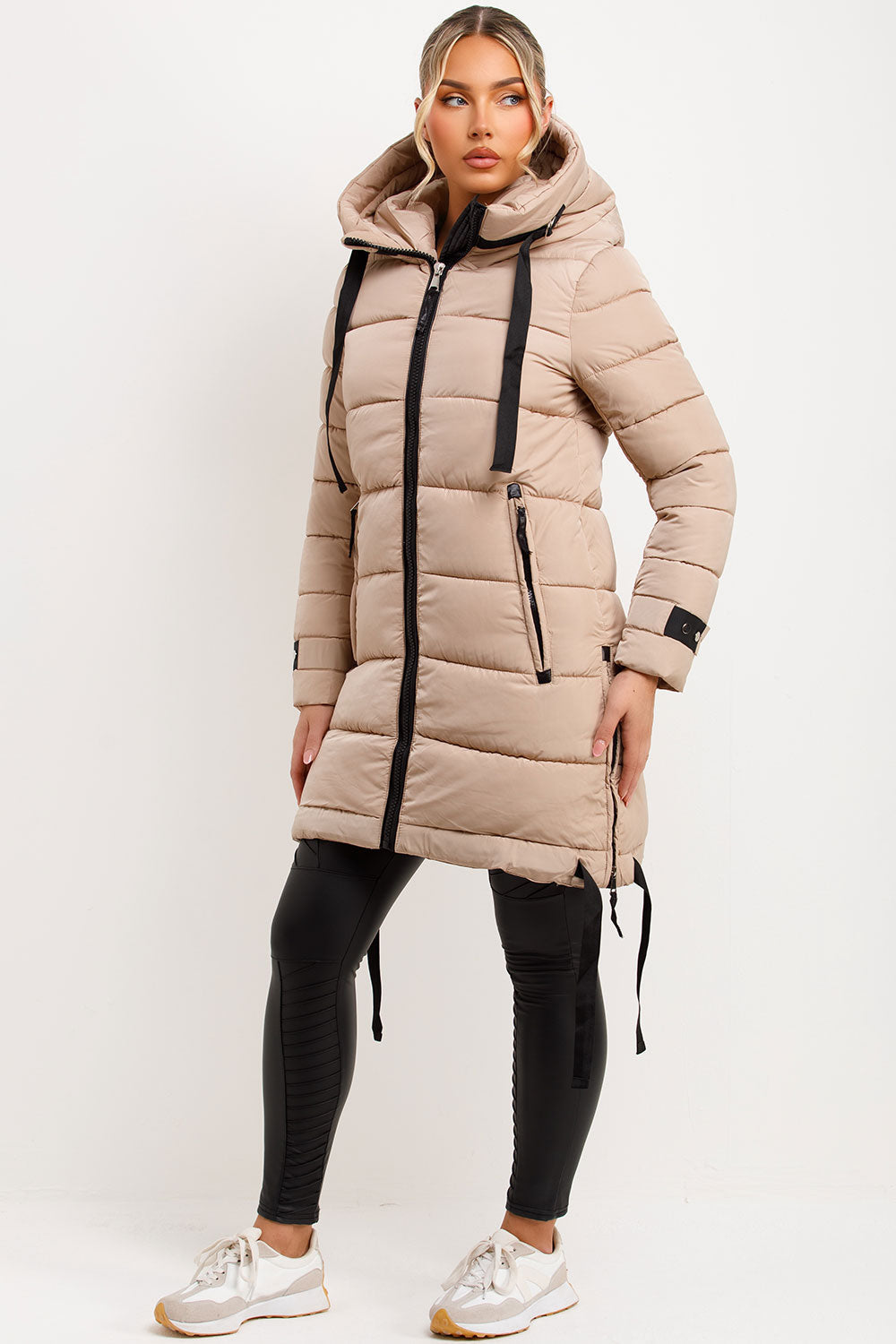 Long Puffer Coat With Hood And Side Straps Beige