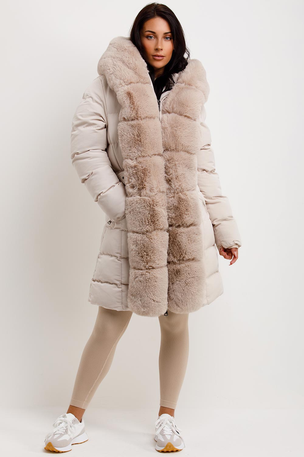 Beige Long Puffer Padded Coat With Faux Fur Hood And Trim