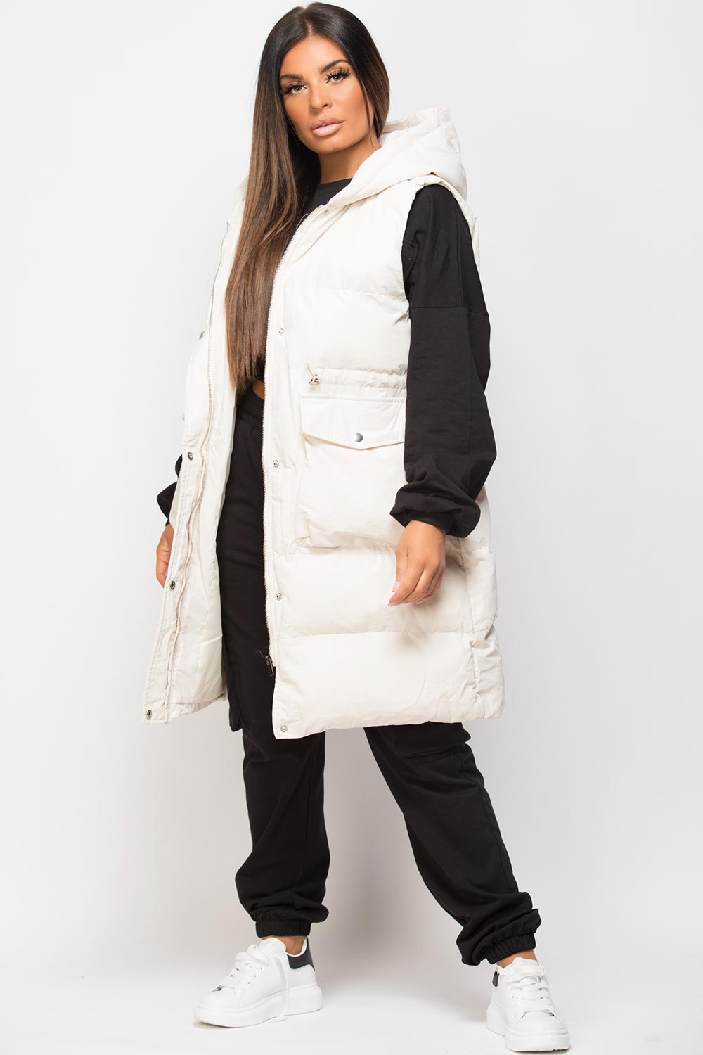 Padded Longline Gilet With Drawstring Waist Beige