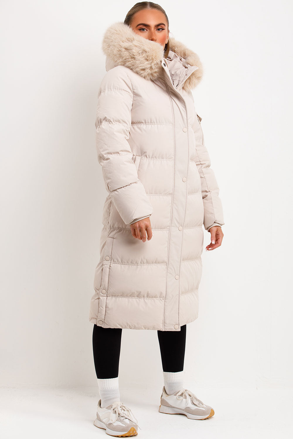 Long Puffer Coat With Fur Hood Beige