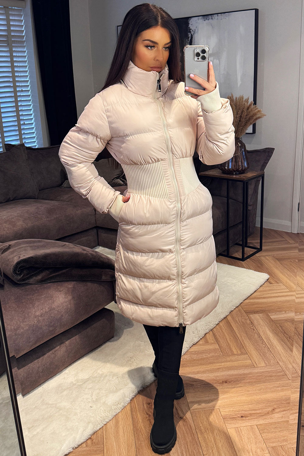 Puffer Padded Winter Coat With Contour Structured Detail Beige