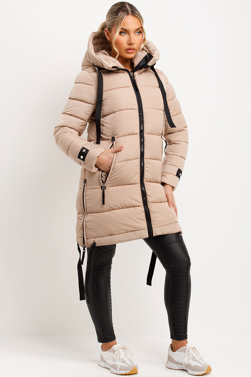 Long Puffer Coat With Hood And Side Straps Beige