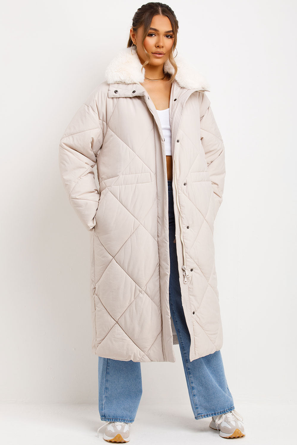 Long Puffer Quilted Coat With Fur Collar Beige