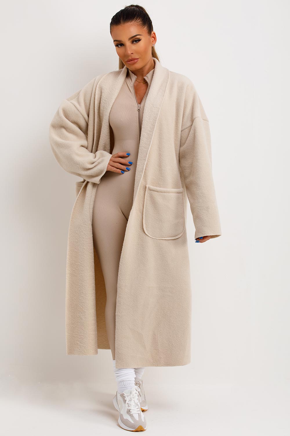 Longline Oversized Wool Look Coat With Pockets Beige