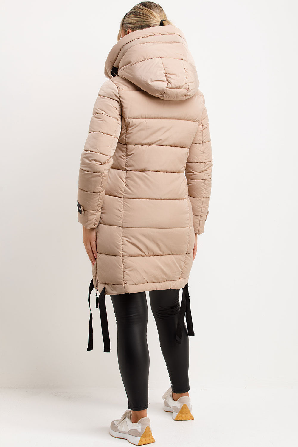 Long Puffer Coat With Hood And Side Straps Beige