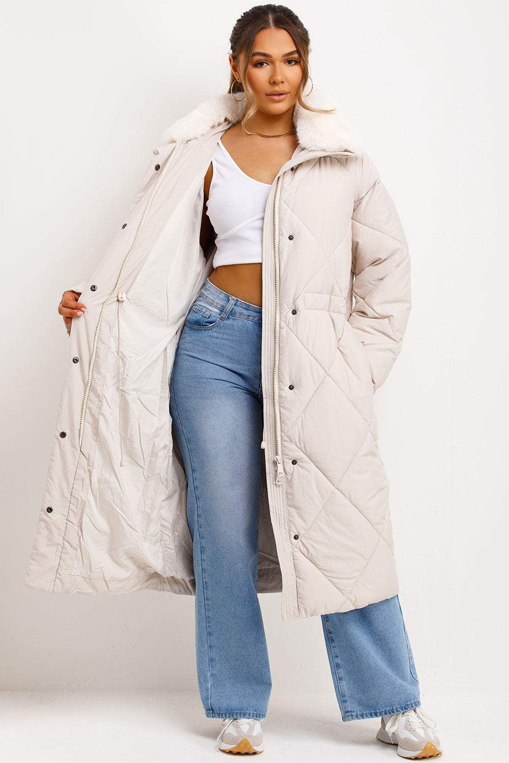 Long Puffer Quilted Coat With Fur Collar Beige