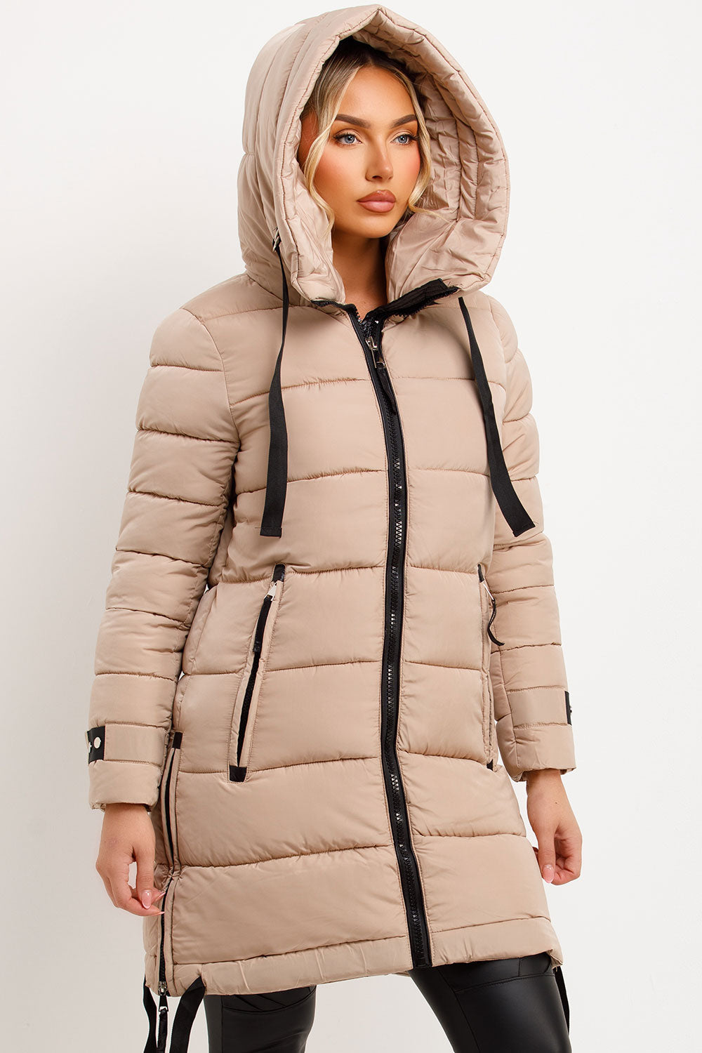 Long Puffer Coat With Hood And Side Straps Beige