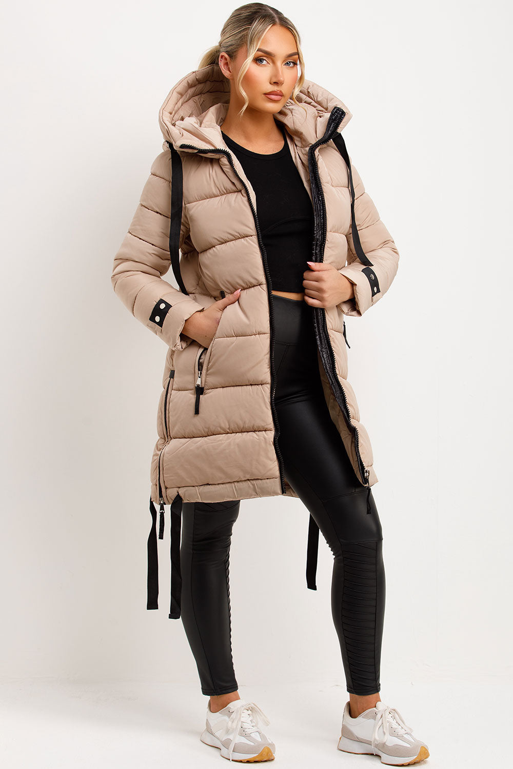 Long Puffer Coat With Hood And Side Straps Beige