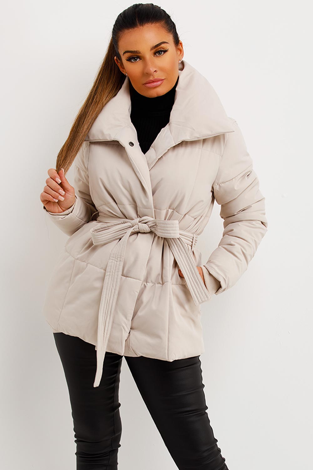 Beige Duvet Padded Jacket With Belt