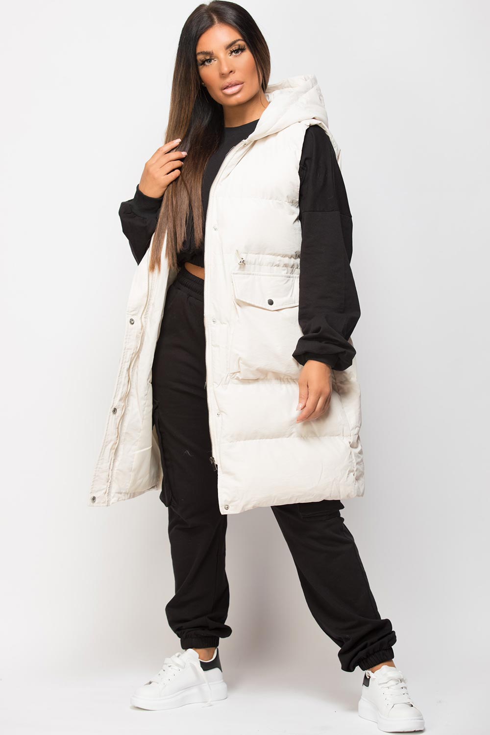 Padded Longline Gilet With Drawstring Waist Beige