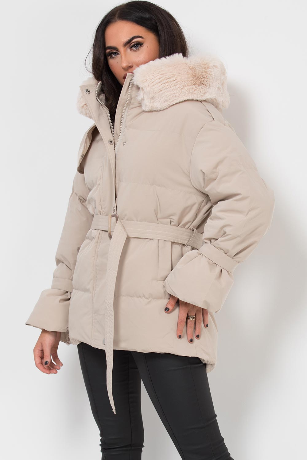 Beige Puffer Padded Coat With Faux Fur Hood