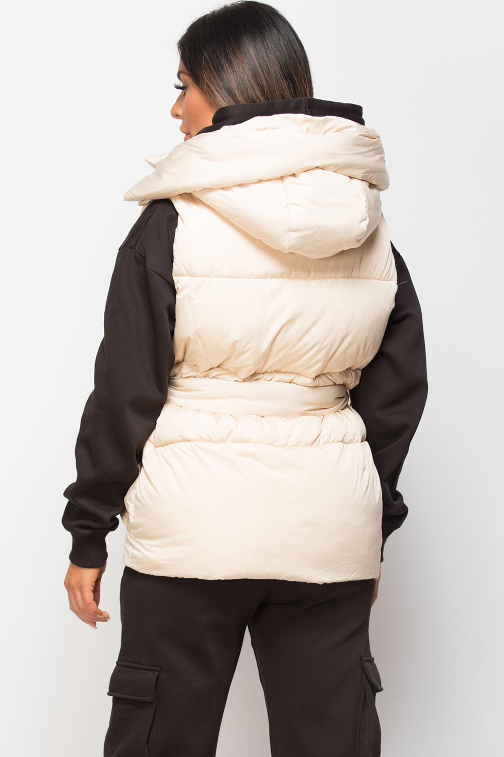 Padded Gilet With Belt And Detachable Hood Beige