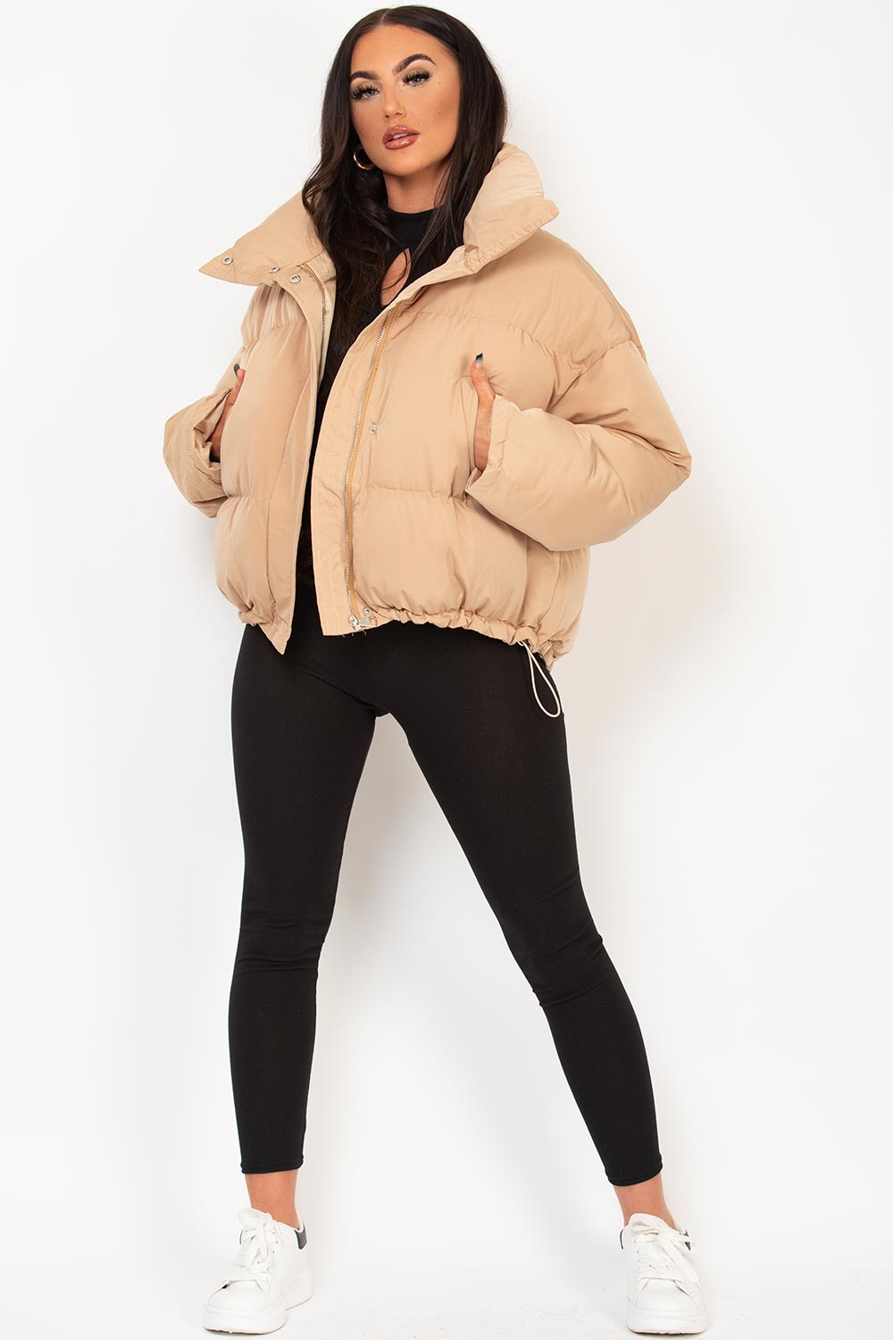 Beige Puffer Jacket With Drawstring Hem