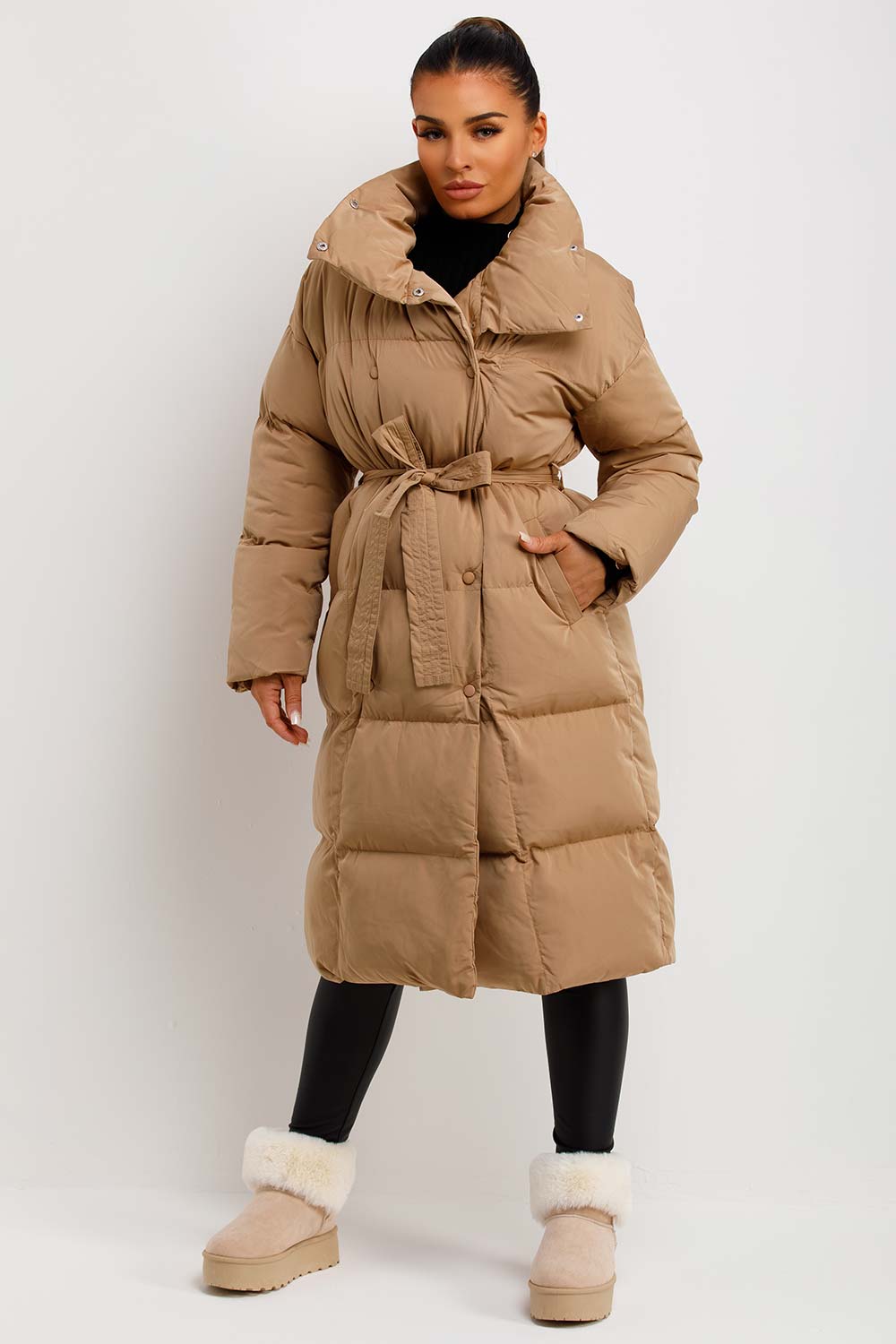 Long Puffer Coat Duvet Style Beige