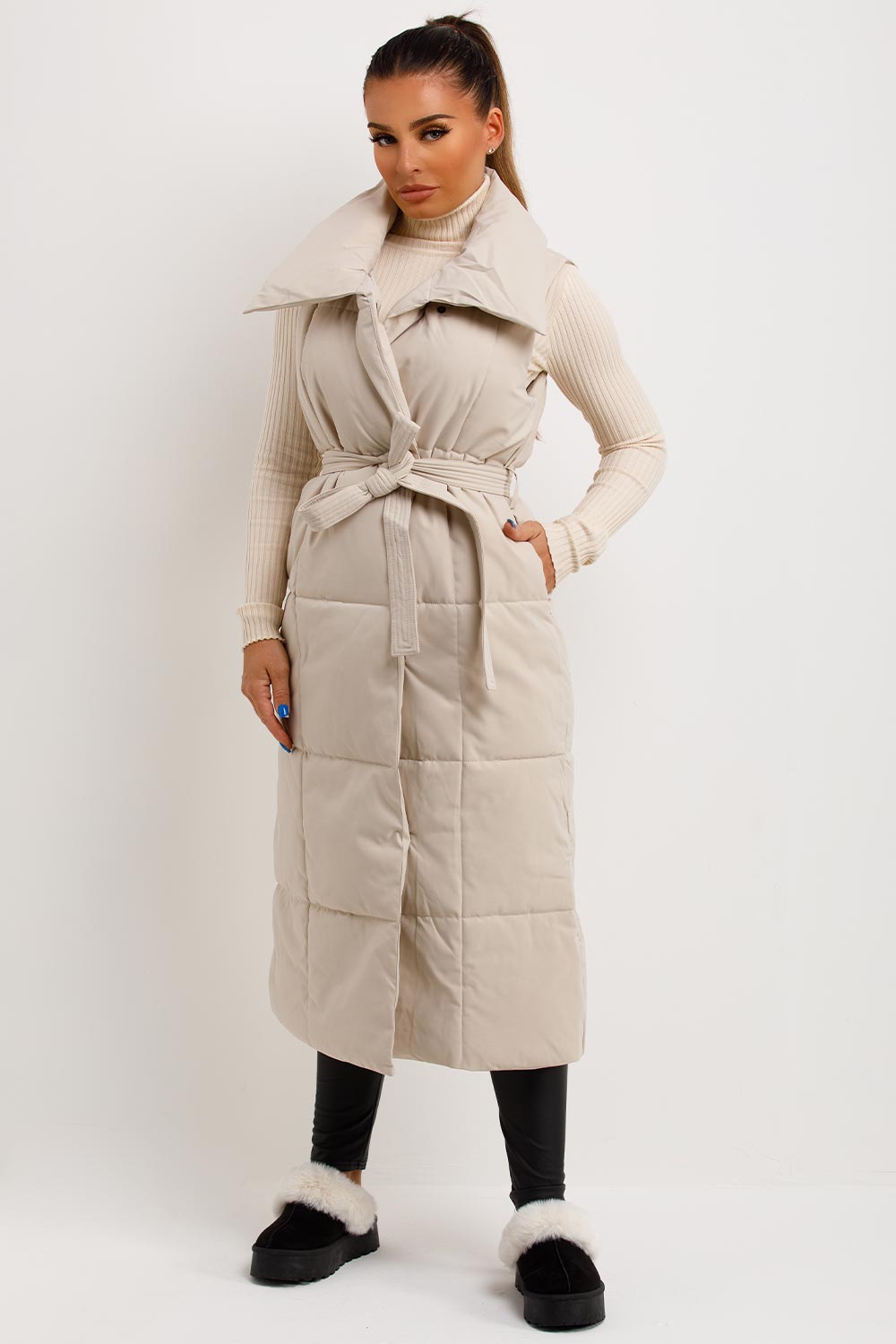 Beige Duvet Padded Gilet Longline