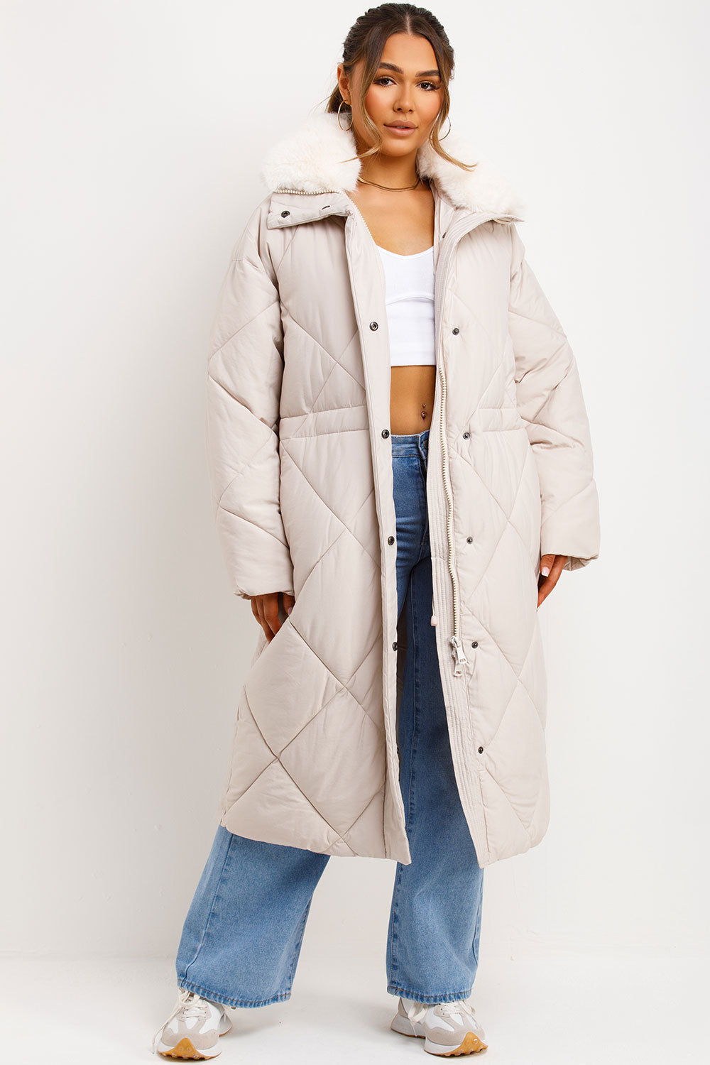 Long Puffer Quilted Coat With Fur Collar Beige