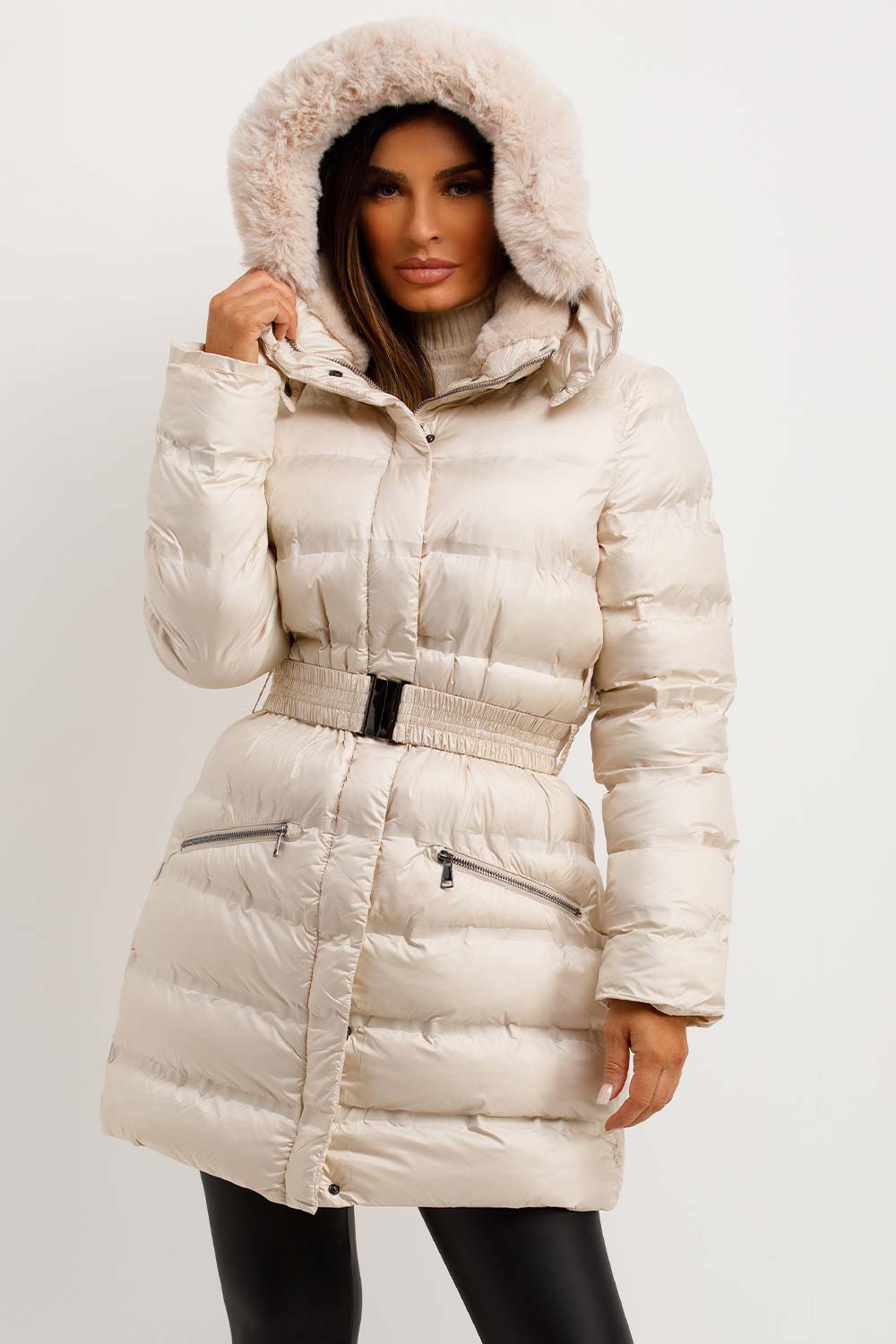 Puffer Padded Coat With Fur Hood And Belt Beige